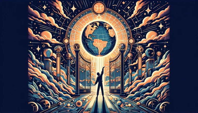 "Illustration symbolizing the desire for completion, fulfillment, and unity with 'The World' Tarot card. Depicts imagery suggesting aspirations for global understanding and personal achievement, evoking a sense of longing and harmony with life's interconnectedness."