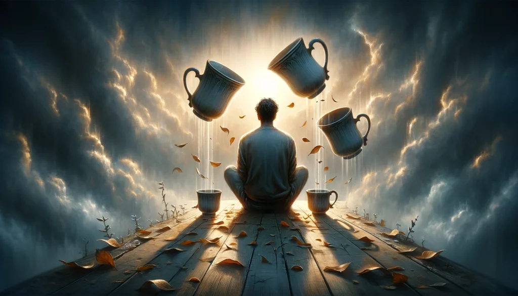 "Artwork depicting a person amidst overturned cups and a subdued setting, suggesting isolation, conflicts, or overindulgence within their social circle. The scene reflects a moment of introspection and the need for reconciliation and personal growth. Despite challenges, elements of hope and potential for renewal are subtly integrated, emphasizing the journey towards understanding and healing represented by the Reversed Three of Cups in Tarot."





