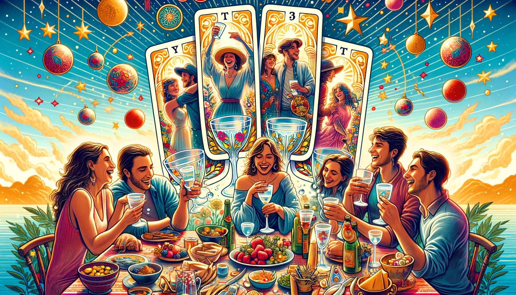 "Artwork featuring three cups symbolizing unity and shared experiences, surrounded by vibrant imagery evoking warmth, happiness, and togetherness in a celebratory environment. The visual reflects the longing for joyful connections, community support, and the creation of cherished memories associated with the Three of Cups in a Tarot reading."