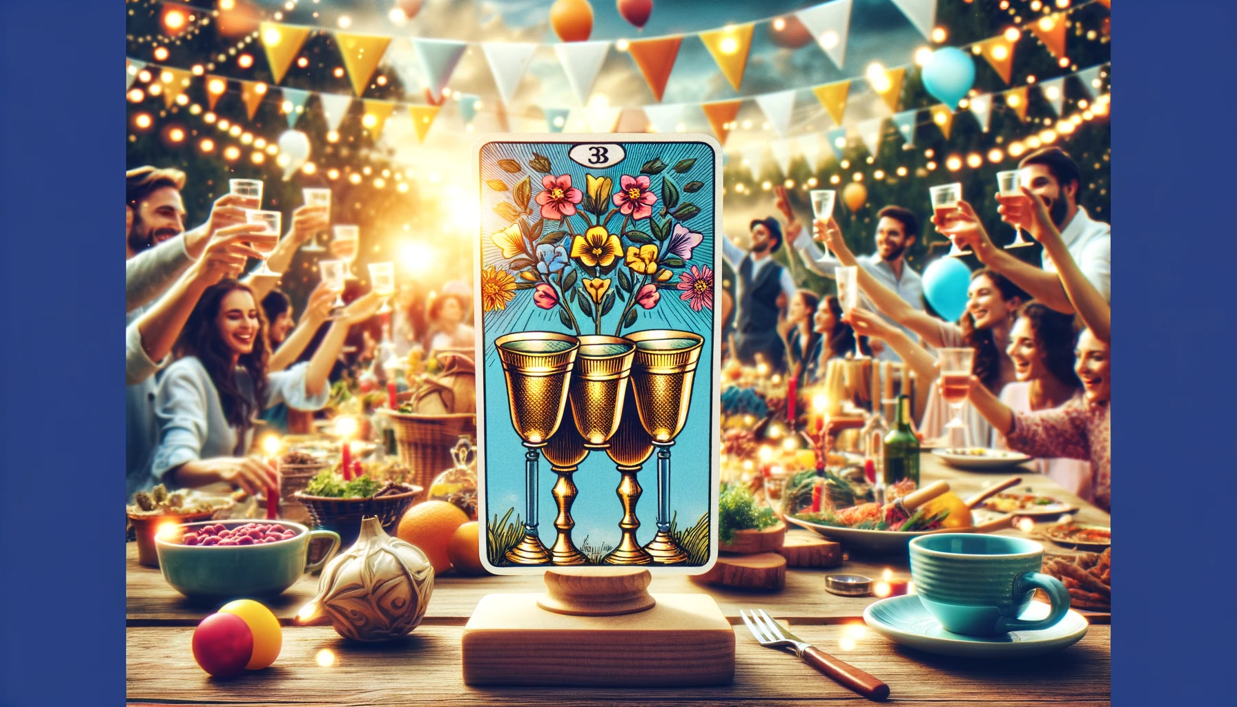 "Illustration featuring three cups symbolizing celebration, community, and shared achievements, set in a vibrant and lively outdoor gathering. Decorations, balloons, and a picturesque setting enhance the festive atmosphere, reflecting the abundance and happiness of social connections and support networks. The artwork vividly captures the essence of the Three of Cups as a situation, showcasing the collective spirit of togetherness and the rewards of communal efforts."