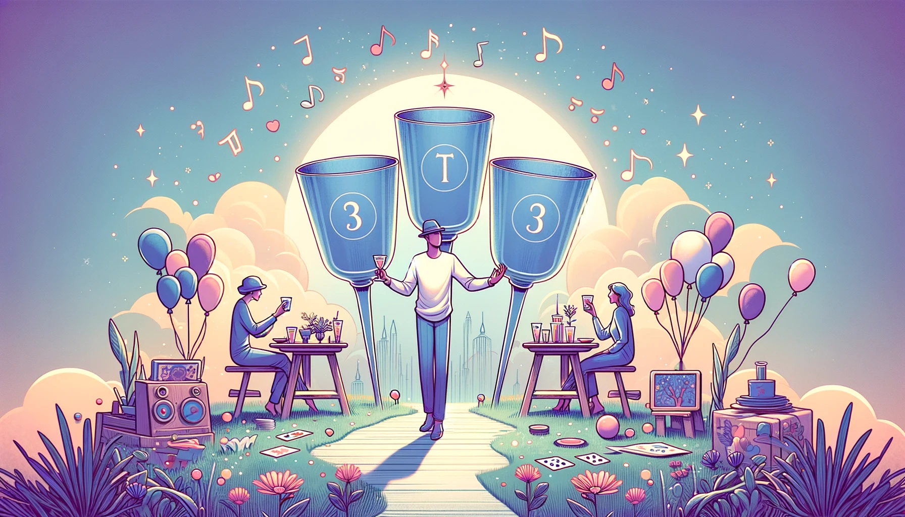 "Illustration showcasing a sociable individual surrounded by friends, engaging in celebratory activities, symbolizing the character traits of sociability, community-orientedness, and enthusiasm for life associated with the Three of Cups Tarot card. The vibrant and lively setting, filled with symbols of joy and togetherness, reflects the person's optimistic and outgoing nature, capturing the spirit of connections and shared happiness."