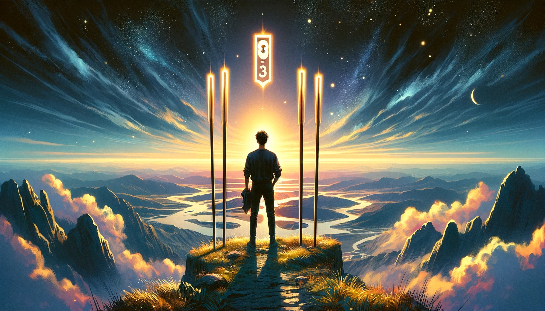 A person standing at the edge of a cliff, looking out at a wide, open landscape with arms outstretched and a hopeful expression, symbolizing ambition and optimism. The image embodies readiness to embrace expansion, exploration, and the vast possibilities that lie ahead in their journey of life.