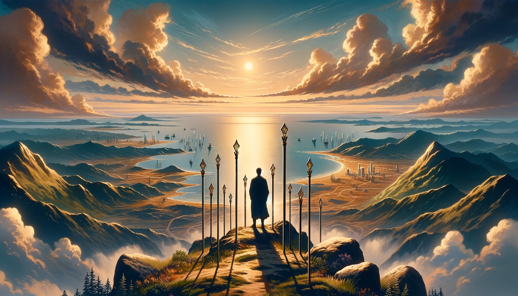 A person standing at the edge of a sunrise-lit cliff, overlooking a vast landscape with arms outstretched and a determined expression, symbolizing foresight, expansion, and the readiness to step into new opportunities with optimism and a clear vision for the future.