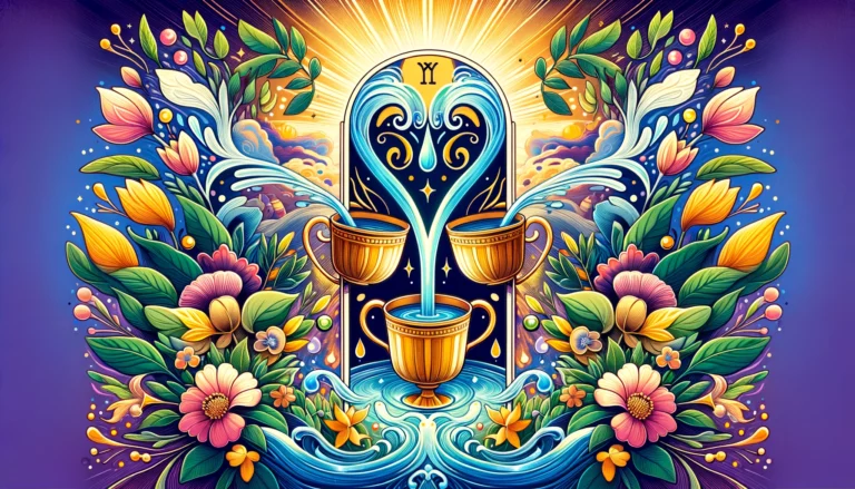 "Artwork illustrating two cups closely positioned, symbolizing profound emotional connections, mutual respect, and unity. The vibrant background enhances the sense of love, understanding, and harmonious union depicted by the Two of Cups in the realm of feelings."