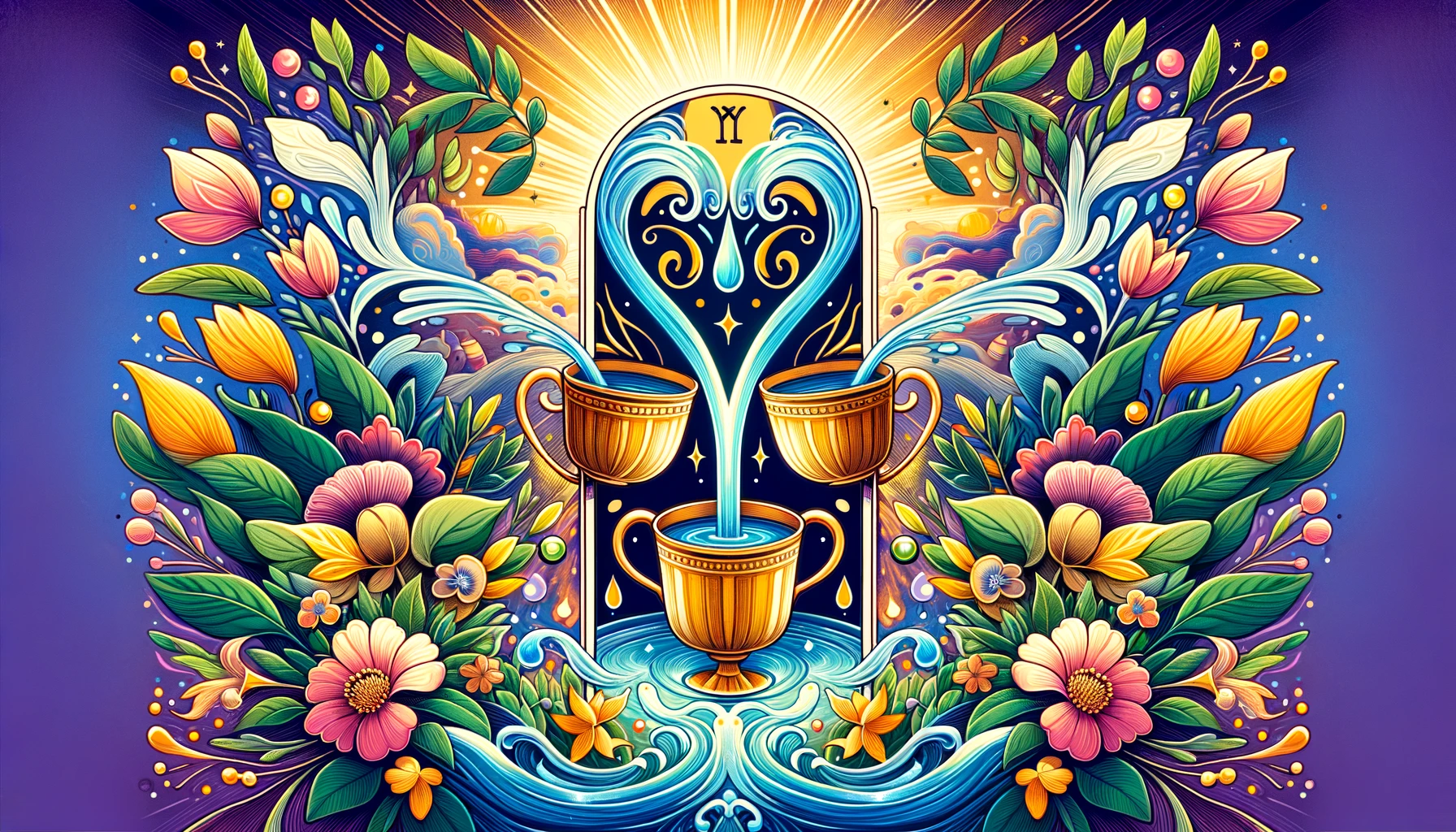 "Artwork illustrating two cups closely positioned, symbolizing profound emotional connections, mutual respect, and unity. The vibrant background enhances the sense of love, understanding, and harmonious union depicted by the Two of Cups in the realm of feelings."