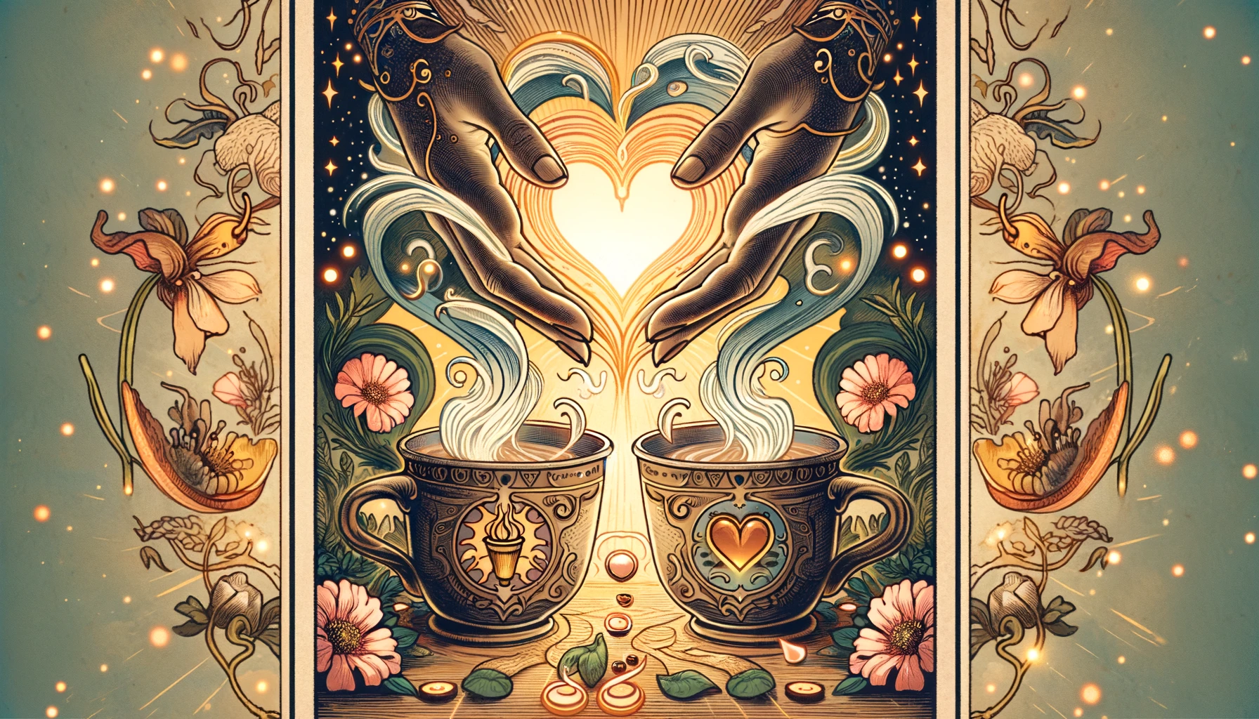 "Artwork depicting two cups closely placed together amidst symbols evoking longing and hope, symbolizing the yearning for a deep, mutual connection and harmonious relationship represented by the Two of Cups in personal relationships. The warm, nurturing background emphasizes the supportive environment conducive for love to flourish."