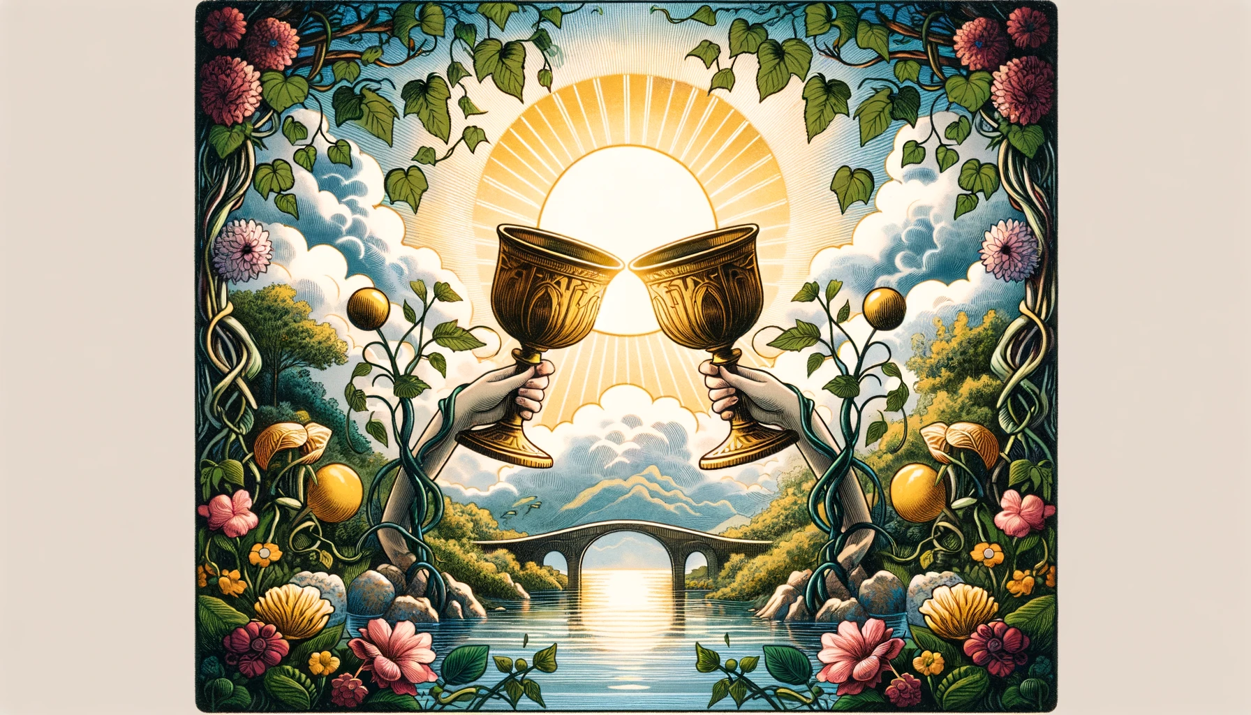 "Artwork featuring two cups placed together in a serene setting, evoking the themes of partnership, emotional connection, and mutual respect. The image symbolizes collaboration and harmony, suggesting a nurturing environment where relationships can flourish. The depiction reinforces the concept of balanced and supportive partnerships, highlighting the Two of Cups as a representation of mutual understanding and cooperation leading to positive outcomes."