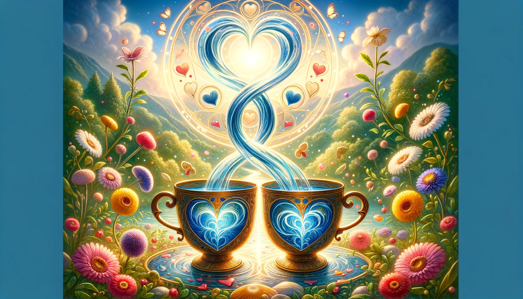 "Artwork depicting two overflowing cups placed closely together, symbolizing mutual attraction and the essence of a balanced partnership. Surrounding elements signify unity and harmony, reflecting the optimistic path of a relationship portrayed by the Two of Cups in Tarot readings."