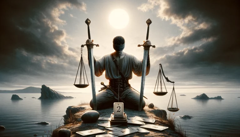 "Illustration representing the Tarot card's symbolism of a stalemate and decision-making, highlighting the need for balance and compromise, set against a backdrop that conveys the theme of equilibrium and the gravity of the decision."