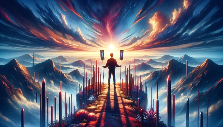 A person standing on a cliff overlooking a vast, expansive landscape, with outstretched arms and a joyous expression, bathed in the warm glow of the setting sun, symbolizing the longing for exploration, the thrill of decision-making, and the anticipation of a future filled with endless possibilities, inspiring viewers to ponder their own paths and the choices that shape their destinies.