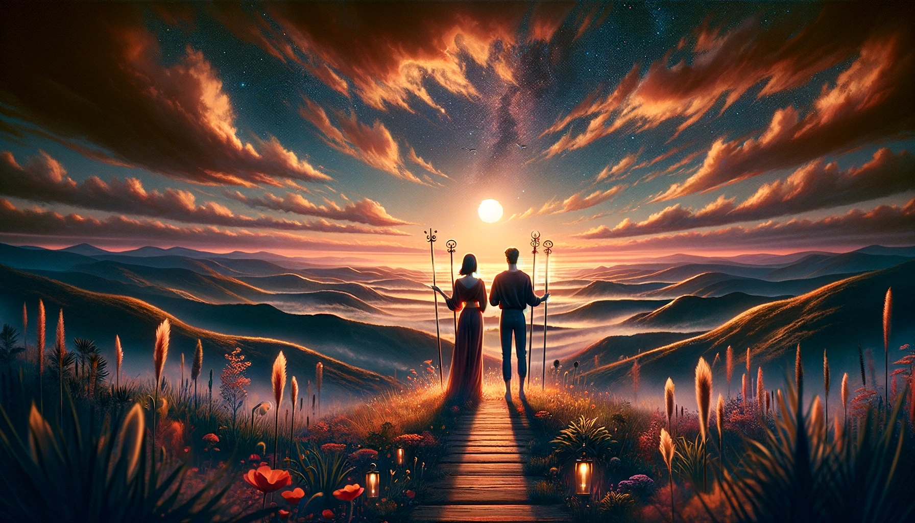 Two figures stand side by side, facing a vibrant sunrise on the horizon. Their intertwined hands and shared gaze convey unity, partnership, and the excitement of embarking on a journey together. The image captures themes of shared goals, mutual support, and the anticipation of growth and exploration within the relationship."