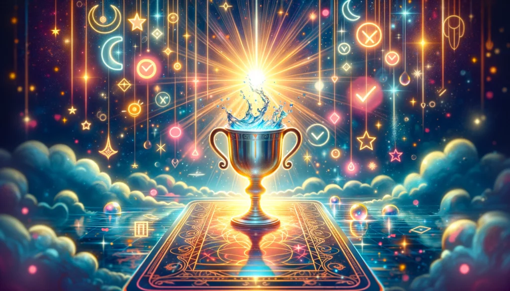 "Illustration featuring a glowing cup symbolizing positive affirmation, against a backdrop of hope and new beginnings. Captures the essence of a clear 'Yes' in the context of personal growth and decision-making."