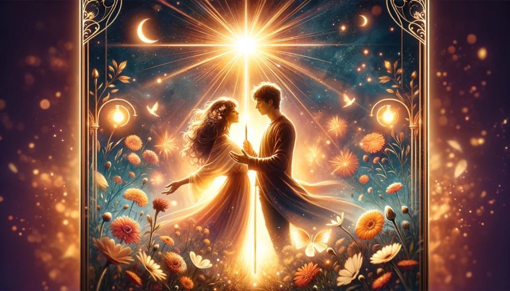 An artistic representation depicting two intertwined hearts against a background of blooming flowers and budding trees, illuminated by the warm glow of dawn. The imagery evokes the essence of new beginnings, passion, and the potential for a vibrant future in love, with the backdrop symbolizing growth and renewal.