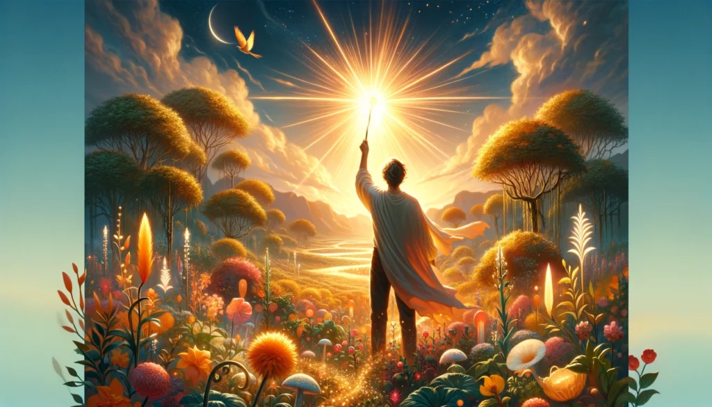 An illustration showing a person standing confidently with arms raised, surrounded by bursts of colorful energy and sparks of creativity. The background features a bright sunrise over a landscape dotted with budding flowers and trees, symbolizing new beginnings and growth. 