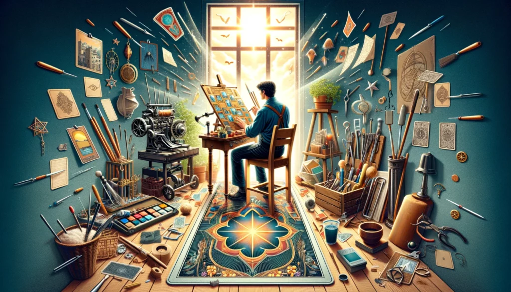  The image portrays an individual fully immersed in perfecting their craft or skill, surrounded by tools and symbols of their achievements. They embody a clear focus and dedication, capturing the essence of personal aspirations. The visualization emphasizes themes of determination, skillful execution, and the fulfillment that comes from dedication to one's goals and personal growth. It depicts an environment filled with tools and achievements, conveying a sense of accomplishment and the joy of continuous learning and improvement.