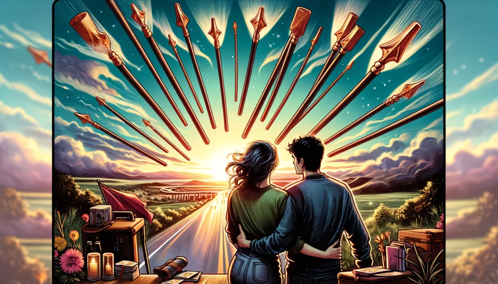 The image portrays a couple standing together, eagerly looking towards the horizon, symbolizing swift movement and clear communication in their romantic relationship. Against a vibrant and dynamic backdrop, their alignment of goals and desires is evident, embodying the optimistic and fast-paced energy of the Upright Eight of Wands. The visual representation enriches the article by depicting the positive momentum and excitement in their journey together.