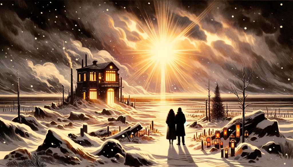 Couple stands in snowy landscape, looking towards warm light in distant building, symbolizing unity and hope amid relationship challenges. Emphasizes importance of seeking support together to overcome adversity.