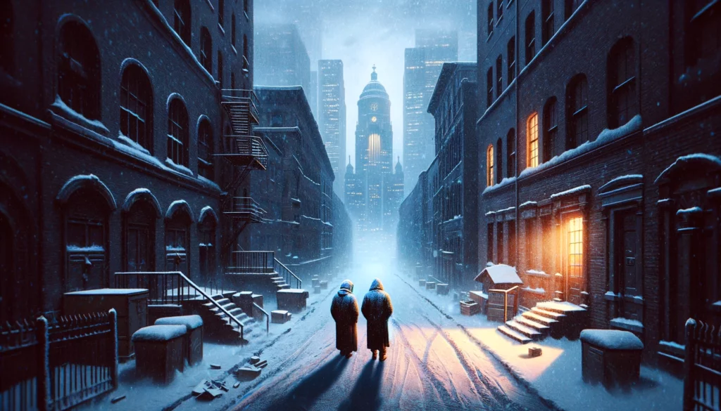 Two figures walk side by side in a snow-covered urban landscape, surrounded by cold, desolate buildings. Their posture suggests determination despite the harsh conditions. In the distance, a warmly lit window signifies potential help or shelter, but the figures remain hesitant, reflecting feelings of adversity and isolation. This scene embodies the struggle against financial hardship, exclusion, and health challenges, highlighting the need for community support to overcome tough times, as depicted in the Upright Five of Pentacles tarot card.