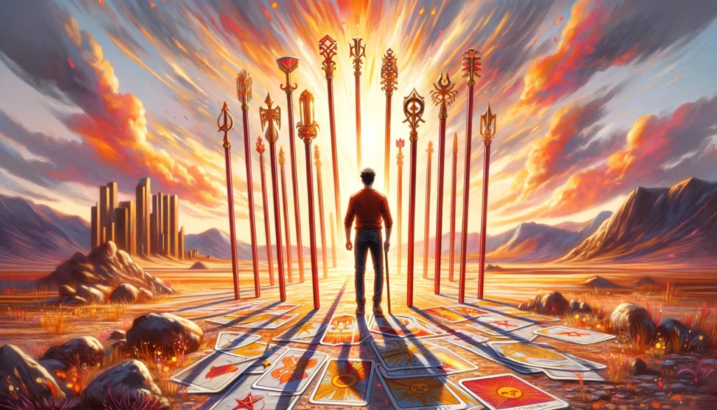 A person stands resilient amidst swirling challenges, embodying the spirit of resilience and determination to succeed. The dynamic scene depicts the invigorating energy of overcoming obstacles against a vibrant, motion-filled background, reflecting the chaotic yet constructive essence of the struggles depicted by the Upright Five of Wands.