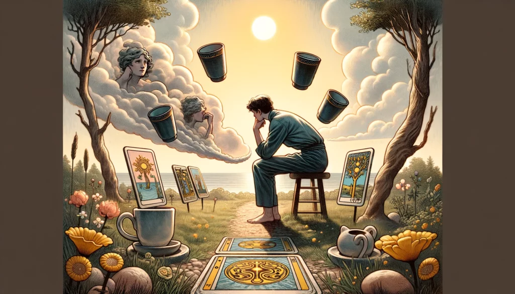 "Artwork portraying introspection and apathy, with a figure surrounded by three cups symbolizing disinterest in current offerings, while a fourth cup is offered, representing unseen opportunities. The tranquil setting reflects the character's inward focus, hinting at the potential for awakening to new possibilities and the embrace of future prospects."





