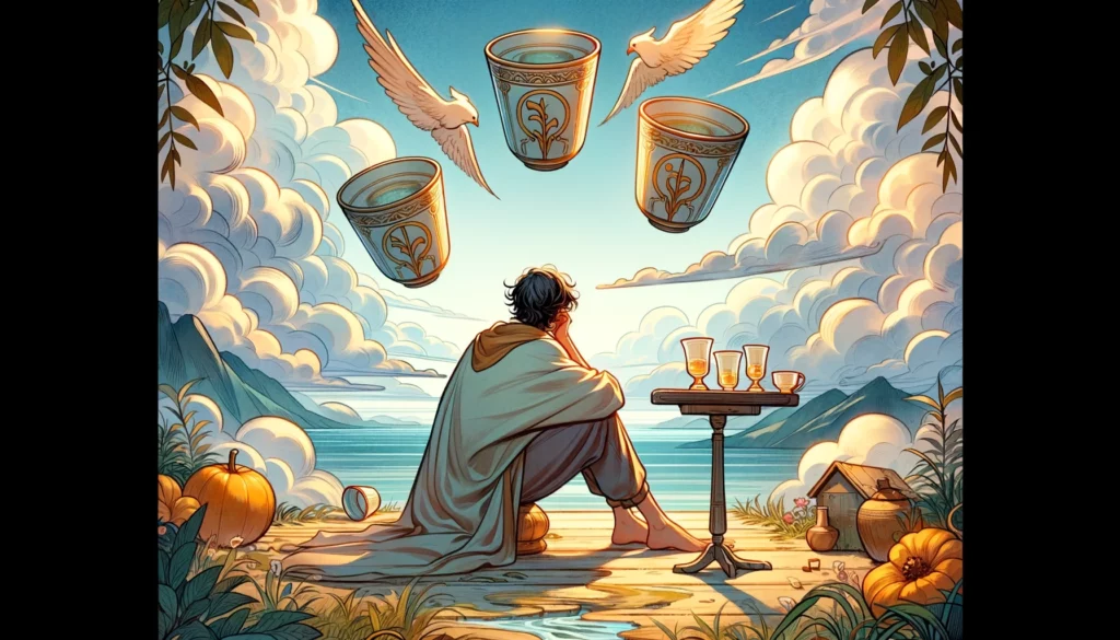  "An illustration portraying introspection, dissatisfaction, and unnoticed opportunities. A character is surrounded by three cups symbolizing their current emotions, with a fourth cup offered from a cloud, representing a chance for change. The serene setting highlights the character's internal struggle and potential for growth, with hints of realization and hope for embracing new prospects."