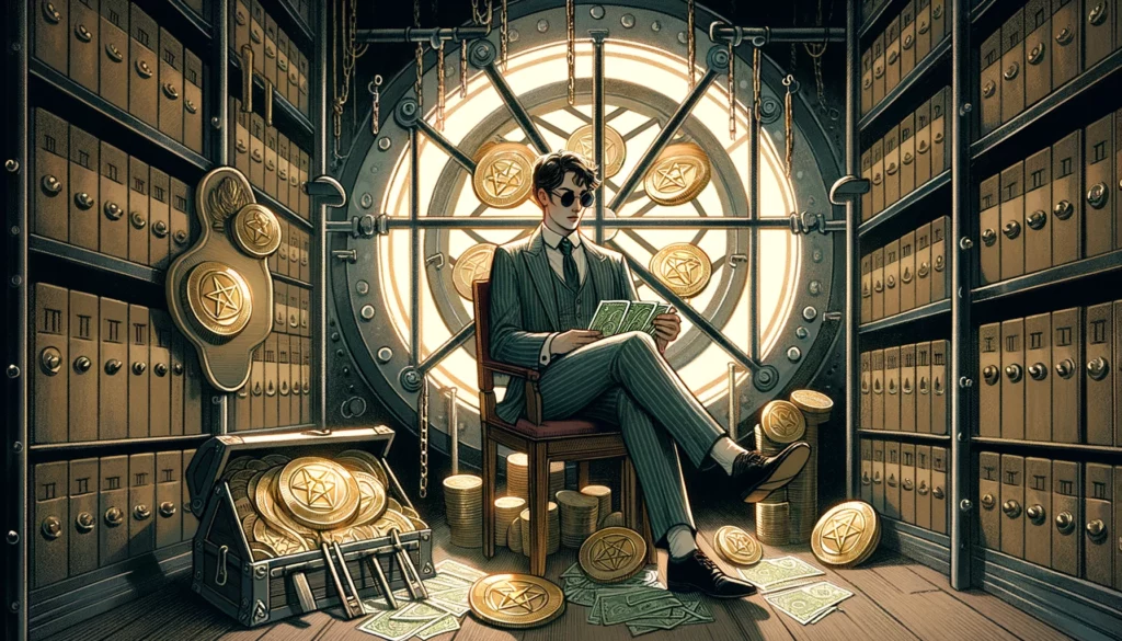 A character in a secure, enclosed space, surrounded by symbols of wealth and achievement, holding onto pentacles closely. Embodies pride in financial stability and success, with hints of isolation and reluctance to embrace vulnerability. Captures the emotional complexity of valuing security while acknowledging potential limitations of intense focus on material security and self-reliance.