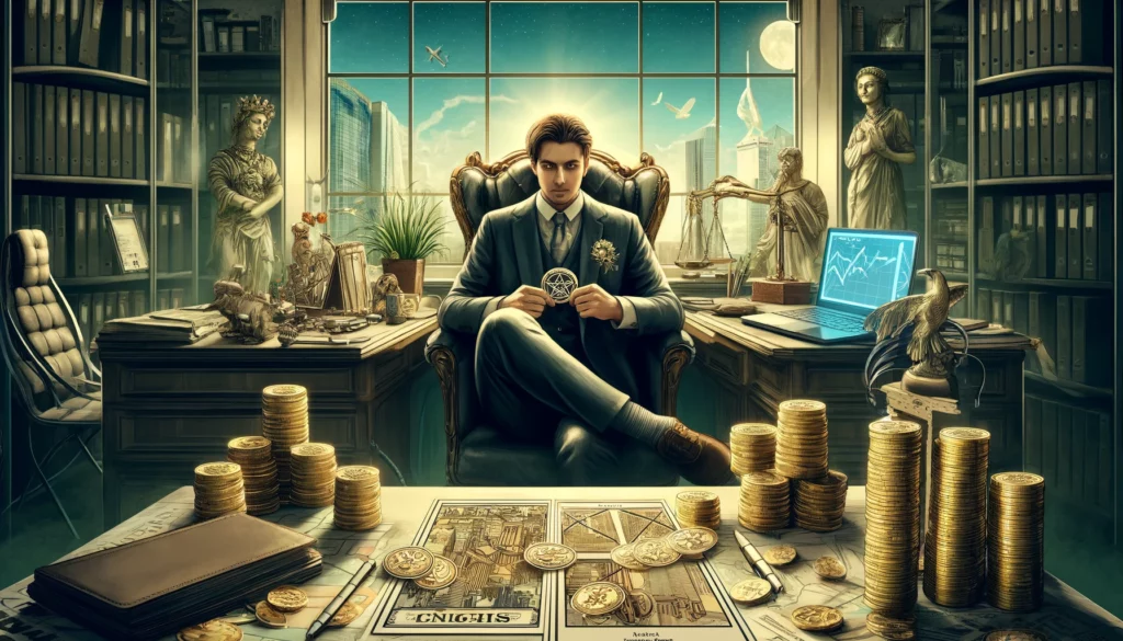 A businessperson in an office setting holds tightly to a pentacle amidst symbols of financial success, reflecting a focus on security and control over assets. Illustrates the balance between financial stability and the potential drawbacks of an overly cautious approach to financial management and risk-taking in the Four of Pentacles.






