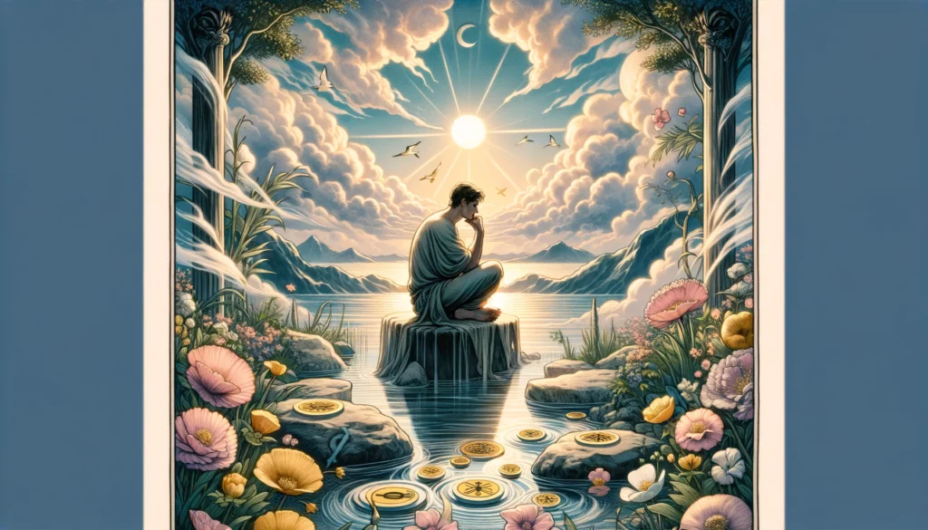  "An image depicting emotional stability, compassion, and psychological insight embodied by the King of Cups in a serene and contemplative environment, reflecting deep emotional intelligence and empathy."