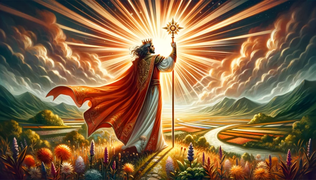 An illustration capturing the essence of leadership, charisma, and determination. The King is portrayed in a moment of triumph, standing tall and confident, with a vibrant landscape of growth and opportunity unfolding behind him. This visual enriches the article by highlighting the potential for greatness that comes from decisive leadership and a clear vision.