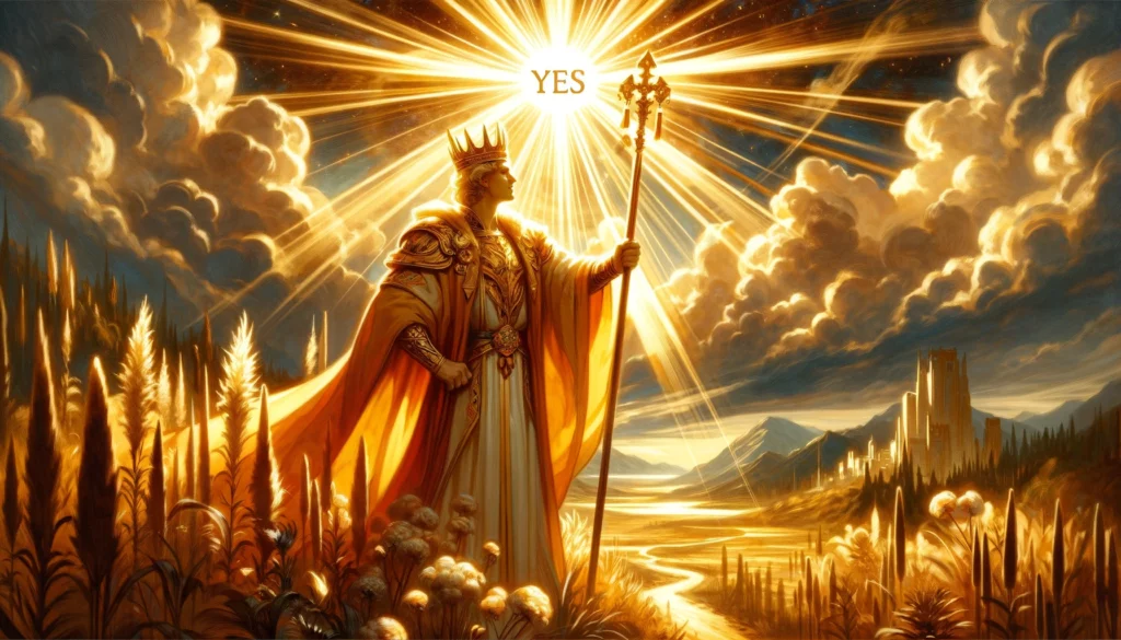 An illustration capturing the essence of affirmation and positive energy associated with the King of Wands tarot card. The King exudes authority and confidence, with his wand raised towards the sky against a backdrop of radiant sunlight. This imagery evokes a sense of optimism, leadership, and the drive to take action, aligning perfectly with the theme of your article.