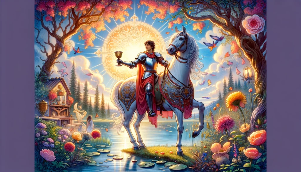  "Illustration portraying a hopeful and romantic moment, suggesting an affirmative answer or positive proposal, set against a vibrant background reflecting the knight's charm, idealism, and emotional openness."