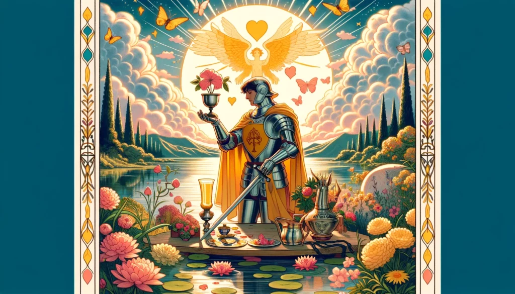  "Illustration portraying a person embodying the Upright Knight of Cups, signifying a longing for emotional depth, romantic gestures, or the pursuit of creative passions within an idyllic and inspiring environment."





