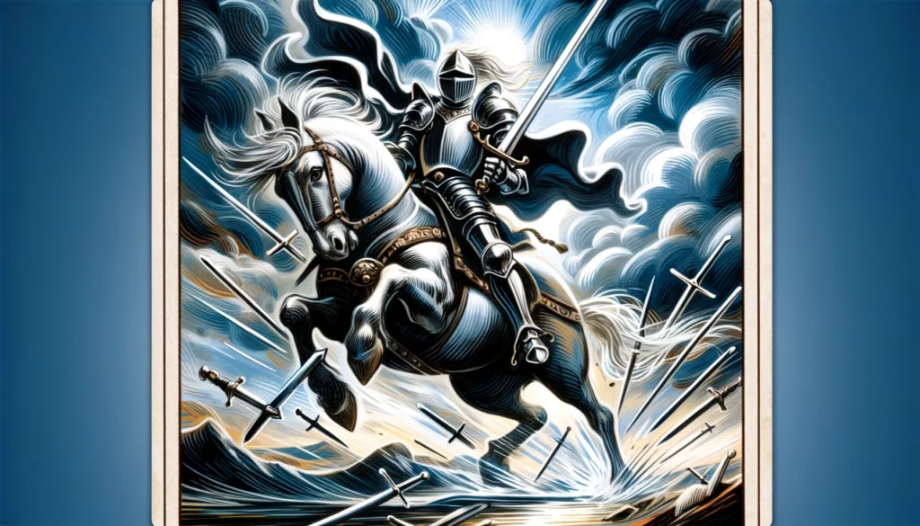 "Illustration depicting a knight on horseback charging forward under a stormy sky, symbolizing ambition, action, and readiness to confront challenges with determination and speed."