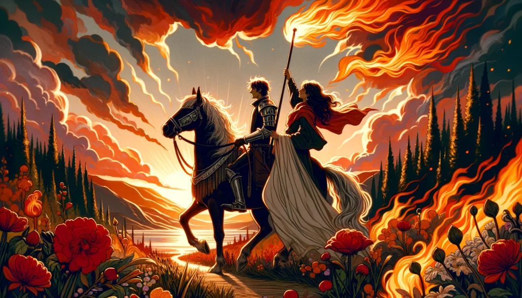 The image illustrates a passionate pursuit in love, depicting a couple on a journey together through a landscape filled with vibrant flames and lush territories. It embodies the adventurous romance and bold moves made in their relationship.





