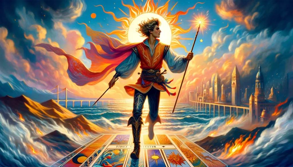 A confident individual stands against a vibrant backdrop symbolizing motion and progress. They exude energy, charisma, and a drive to pursue passions and adventures. The scene is highlighted by symbols of fire, with warm tones dominating the color palette.





