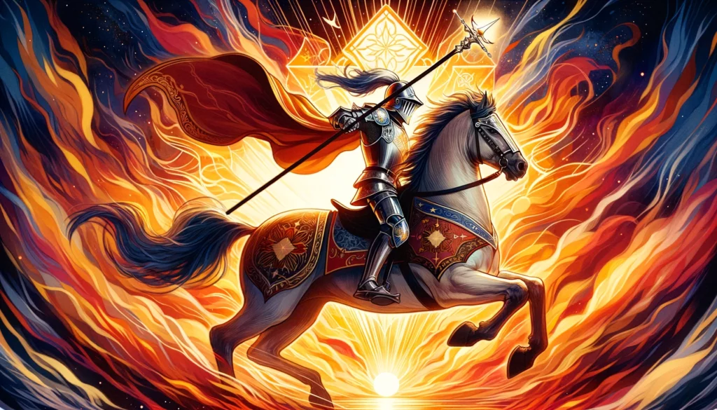 A dynamic depiction of the Knight of Wands boldly advancing with a raised wand, set against a vibrant background of fiery colors and dynamic patterns. The scene embodies the card's affirmative stance in matters of action and courage, urging the pursuit of ambitions with enthusiasm and boldness amidst uncertainty.





