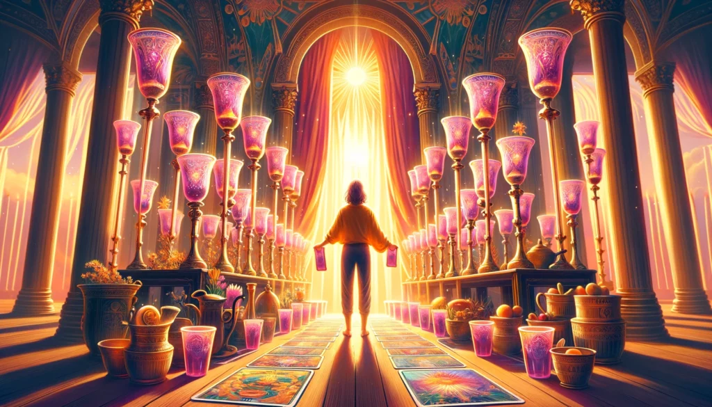  "Illustration depicting a moment of celebration and fulfillment, symbolizing a positive 'Yes' response, featuring a person standing before nine upright cups, representing granted wishes and achieved desires."