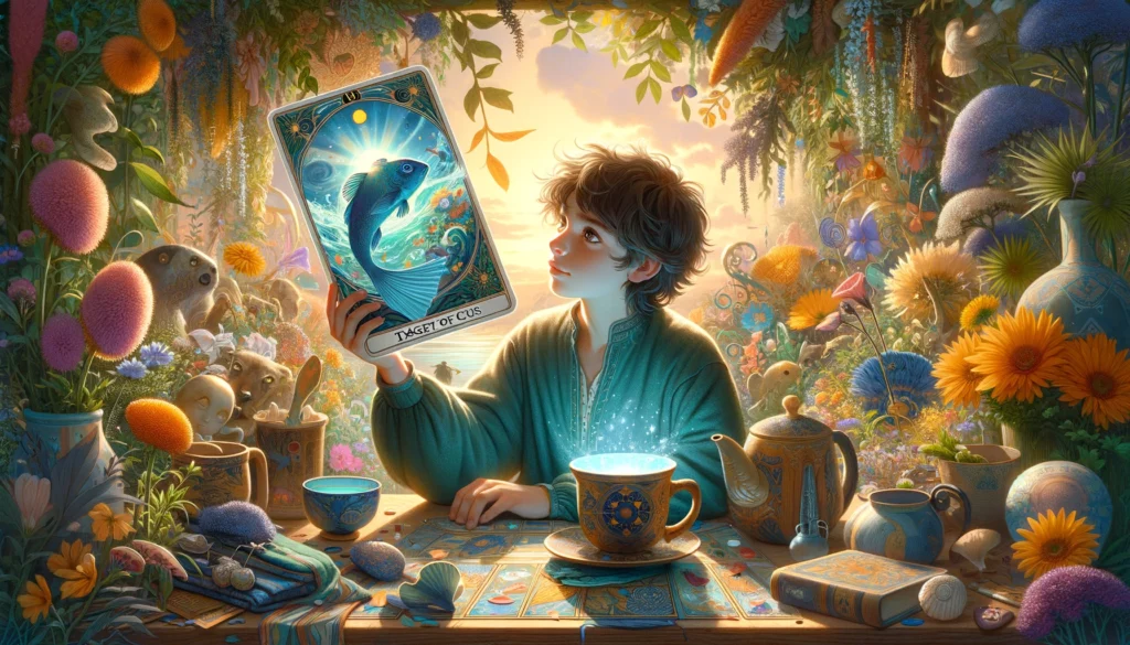 "An illustration portraying a youthful and imaginative individual surrounded by symbolic elements representing their emotional and creative journey, showcasing their curiosity and openness towards exploring their inner world and emotions."