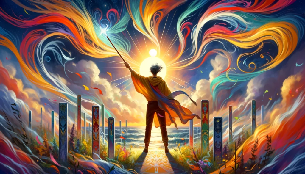 The image portrays a figure enveloped in swirling colors, representing excitement, inspiration, and the anticipation of new beginnings. Set against a vibrant background, it captures the dynamic energy and rapid growth associated with the Page of Wands tarot card, symbolizing the exhilarating journey of self-discovery and creative exploration.