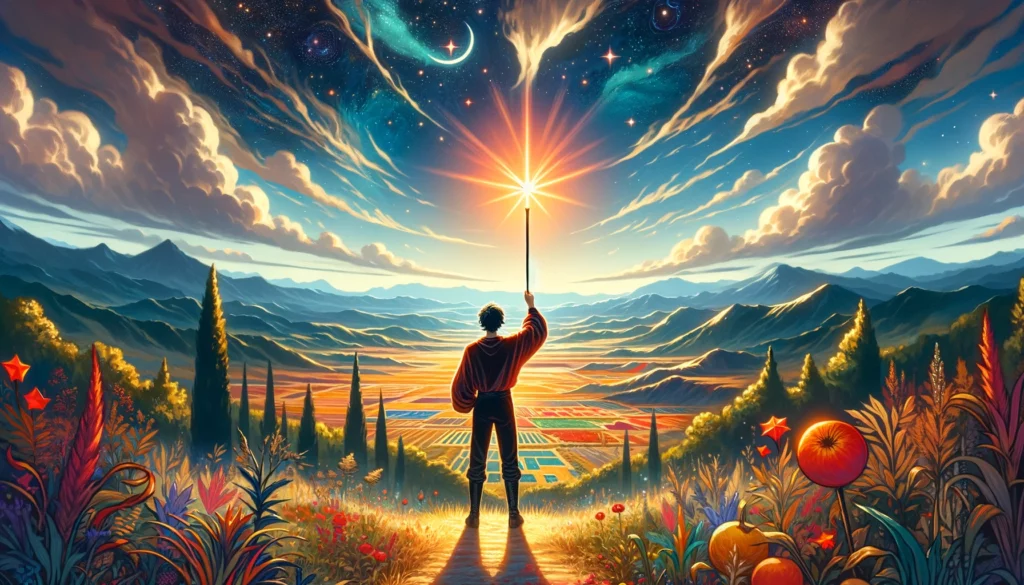 The image features an individual standing confidently, holding a wand aloft as a symbol of ambition and dreams. They stand against a landscape of uncharted territory, embodying the spirit of the Page of Wands: eager, fearless, and full of energy, ready to take on the world with innovative ideas and boundless enthusiasm.





