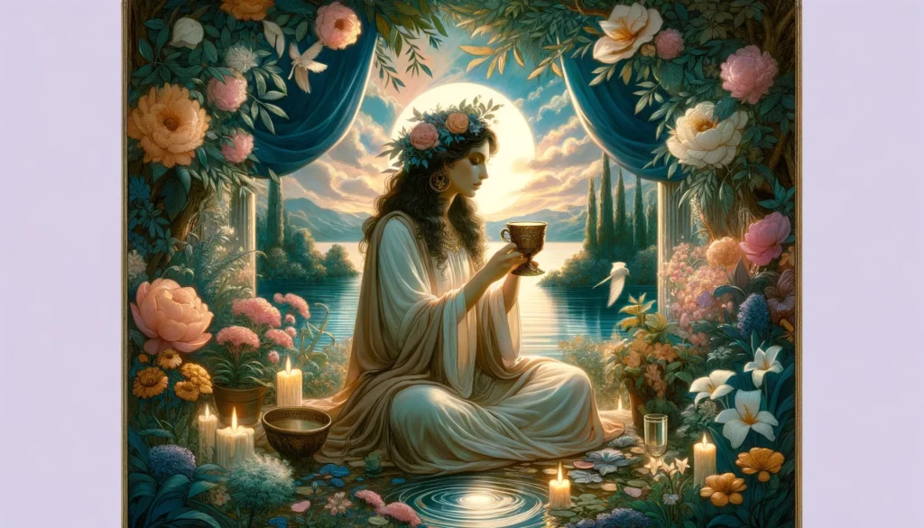  "An illustration depicting the Queen of Cups from the Tarot deck, embodying emotional support, empathy, and intuitive understanding. The Queen is depicted in a serene setting, surrounded by calming waters and gentle imagery, symbolizing her nurturing nature and deep emotional insight as explored in the article."





