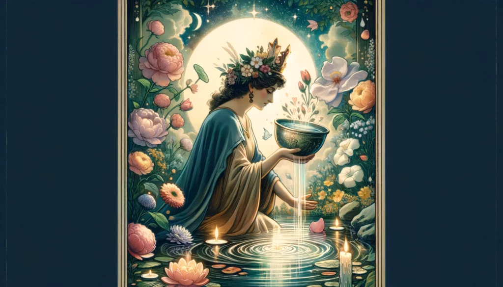 "An illustration representing the Queen of Cups from the Tarot deck, symbolizing nurturing, empathy, and intuition. The Queen is depicted in a serene environment, surrounded by symbols of emotional depth and connection, reflecting the theme of the article."





