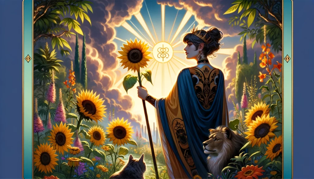 An illustration of the Queen of Wands exuding confidence and determination amidst a lush, thriving environment. Surrounding her are sunflowers symbolizing growth and creativity, reflecting her ability to nurture ideas and achieve goals with enthusiasm and confidence.