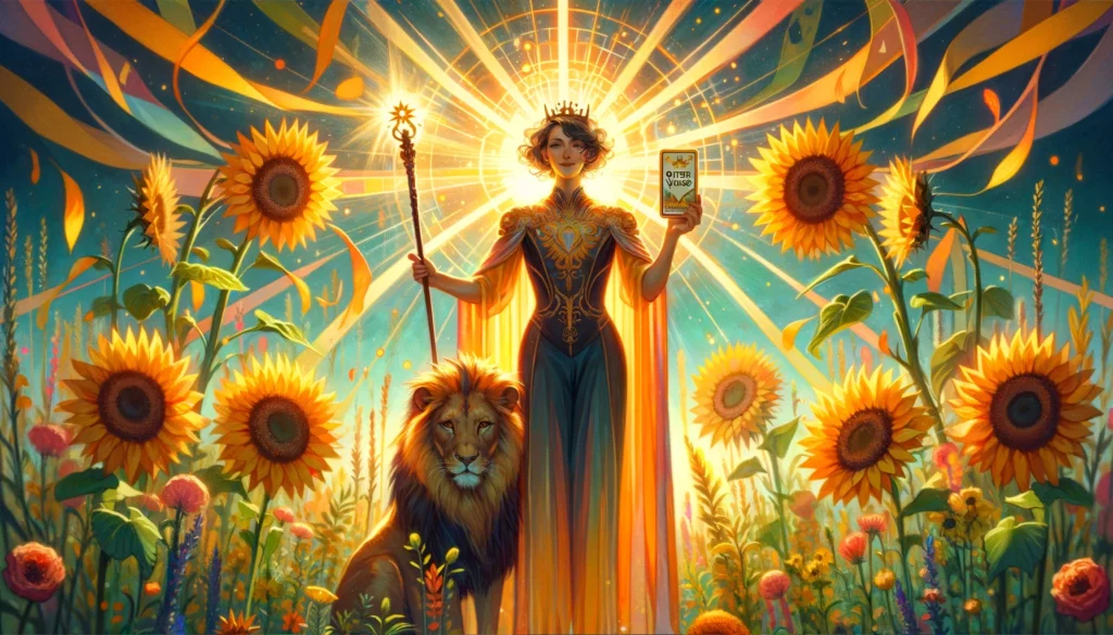 An illustration portraying the Queen of Wands exuding confidence, charisma, and energy. She stands amidst a vibrant landscape, embodying her creativity, passion, and leadership qualities, inspiring those around her with her fiery spirit.






