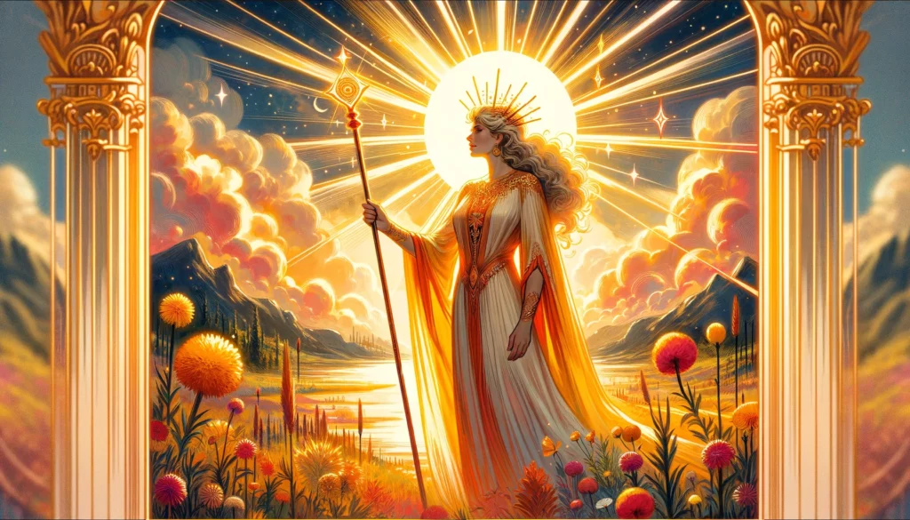 An illustration featuring the Queen of Wands standing tall with her wand raised high, exuding confidence and assertiveness. She is depicted against a backdrop of vibrant, lively landscape, symbolizing her positive energy and the ability to achieve goals through self-assurance and determination.






