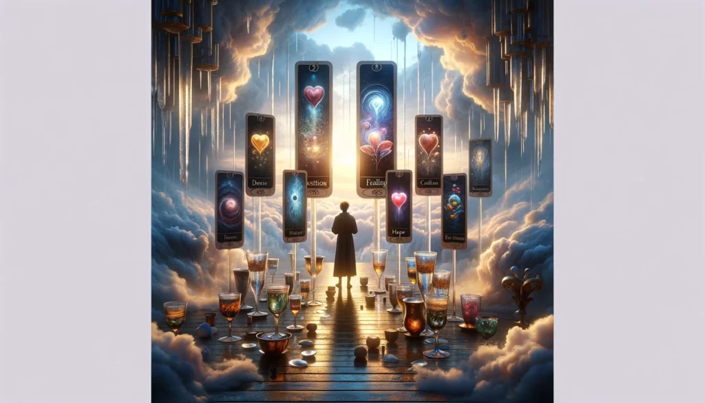 Illustration depicting a scene of emotional introspection, with a figure surrounded by a complex array of emotions and possibilities. The image captures the essence of navigating through emotional complexities and the challenges of distinguishing genuine feelings from illusions, reflecting the themes of the 'Seven of Cups' tarot card."