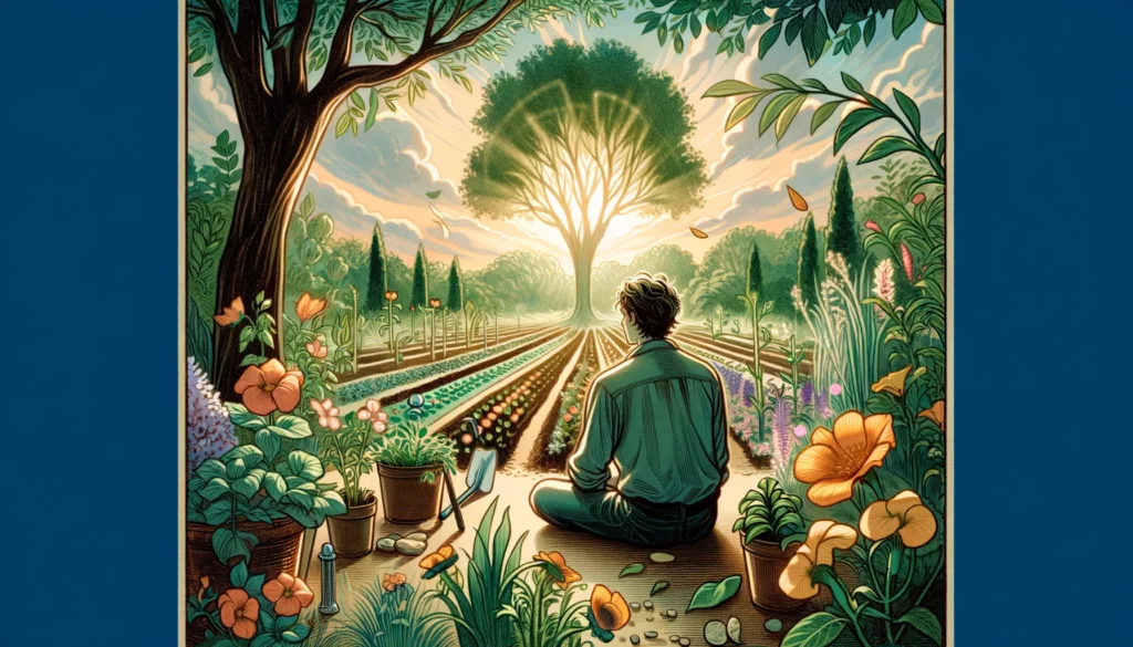 The image depicts an individual sitting in a lush garden, surrounded by vibrant greenery and colorful flowers. The person has a peaceful expression, with eyes closed and a slight smile, suggesting contentment and introspection. Sunlight filters through the foliage, creating dappled patterns on the ground. This visualization symbolizes personal growth and emotional fulfillment, highlighting the value of perseverance and the anticipation of deeper connections. It conveys a sense of satisfaction, achievement, and optimism for the future.