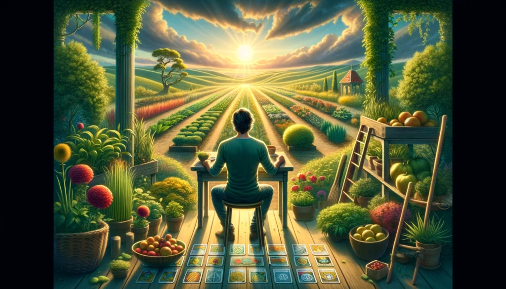  The image shows an individual standing in a lush garden filled with vibrant greenery and blossoming flowers. The person appears content and confident, surrounded by abundant pentacles representing the fruits of their labor. This visualization embodies the person's aspirations for success, stability, and the rewards of patience and dedication. It highlights the importance of strategic planning and the joy of witnessing tangible results from perseverance.