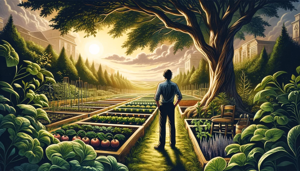  The image depicts an individual standing amidst a lush and vibrant garden, surrounded by blooming flowers and lush greenery. The person appears contemplative, with a hand raised as if considering their next steps. This visualization embodies a moment of evaluation and anticipation regarding progress and future growth. It highlights themes of achievement, foresight, and readiness to adapt for prosperity, emphasizing the importance of patience and persistence in nurturing long-term success.