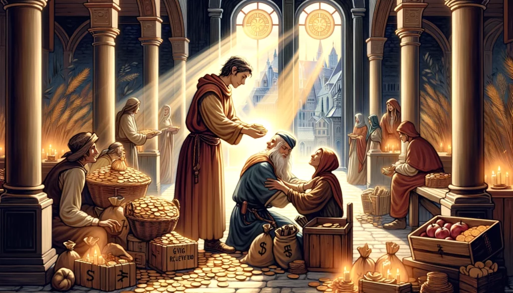 The image beautifully captures the warmth and satisfaction of giving and receiving in balance, set in a scene that embodies acts of kindness and generosity within a community atmosphere. This visualization emphasizes the positive emotions of joy, gratitude, and fulfillment derived from altruistic acts and equitable sharing, highlighting the deep sense of connection forged through generosity and support.]






